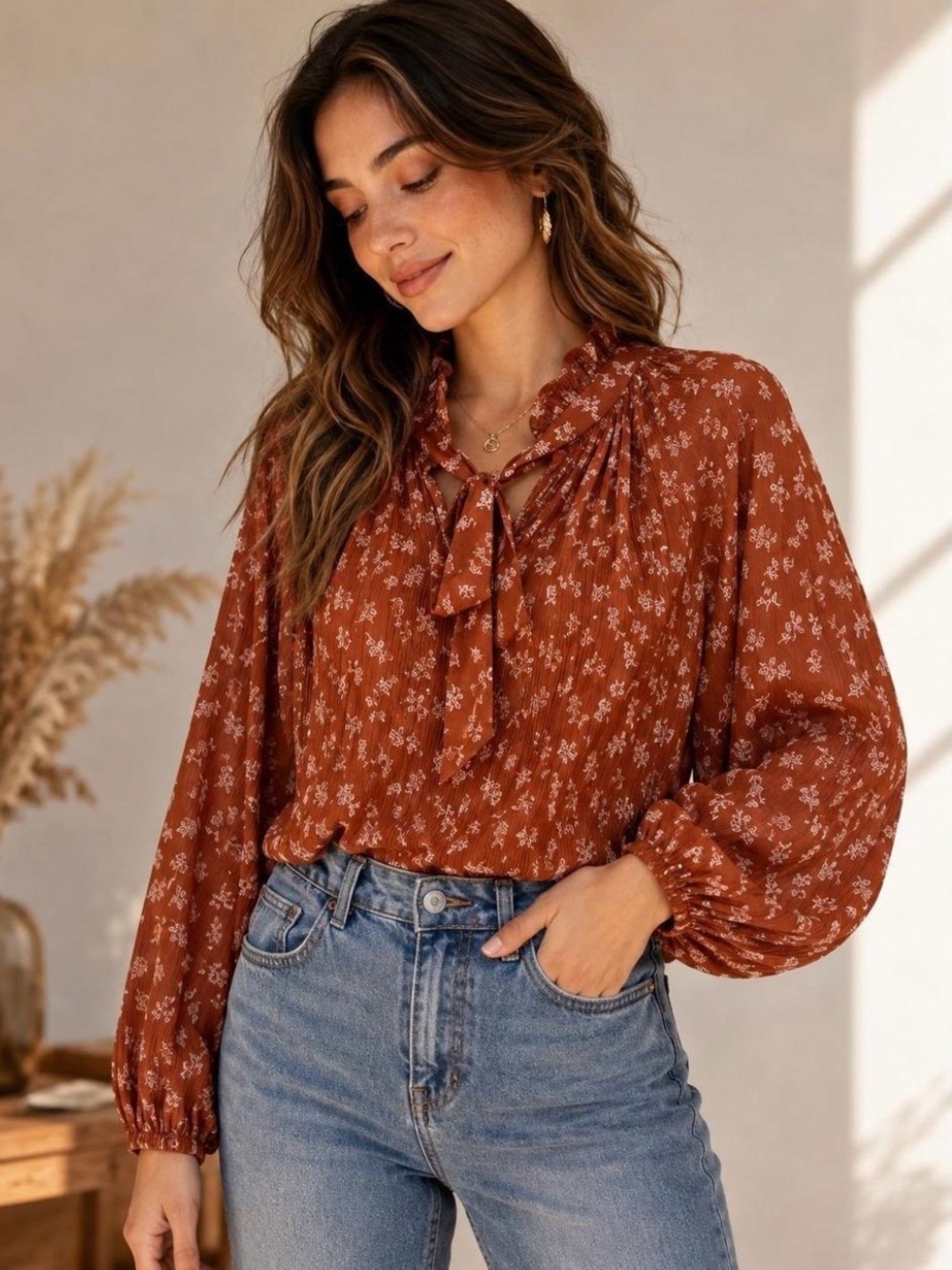 Anna Grace Autumn Brown/Rust Floral Tie-Neck Women's Blouse - Large